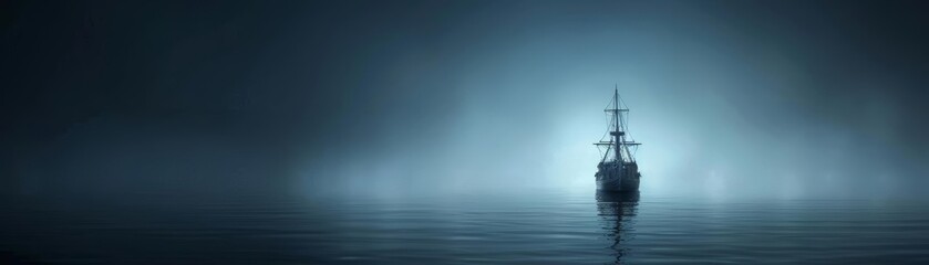 A ghost ship sailing through foggy waters under a dark sky