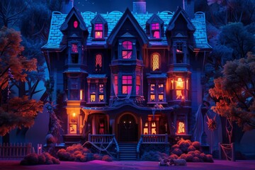Fototapeta premium A creepy haunted house with glowing windows and eerie decorations