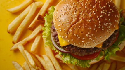 close up birds eye view of a burger and fries on a yellow.generative ai