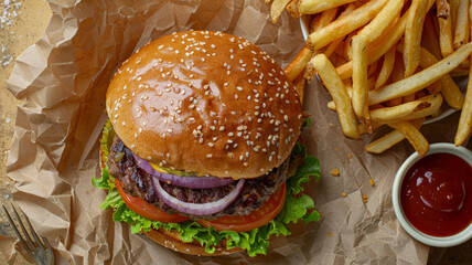close up birds eye view of a burger and fries on a yellow.generative ai