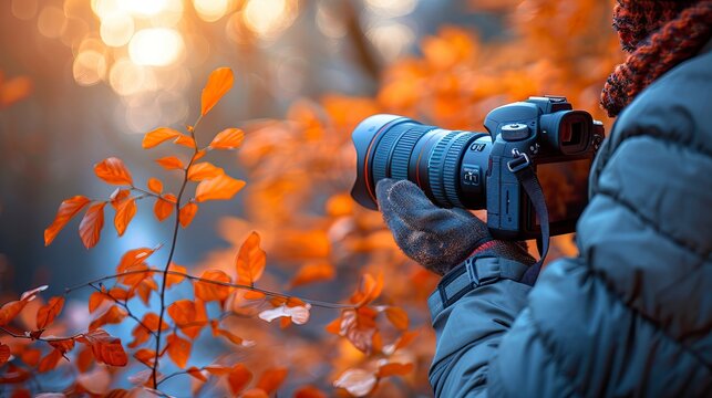 photographer holding dslr camera in hand, autumn background, World Photograpy Day
