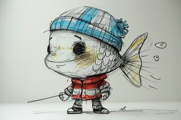  Simple sketch of an anthropomorphic fish character with thick black lines, wearing a sailor hat and vest, depicted 