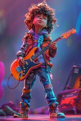 Fototapeta premium A Young Guitarist Strums Under Neon Lights