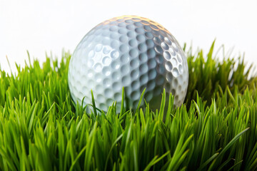 Obraz premium A solitary white golf ball rests on a lush, vibrant green grassy surface, isolated on a transparent background, awaiting its next shot in perfect tranquility.