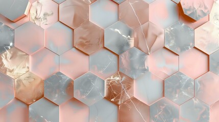 Chic rose gold hexagons background with blush pink and grey tones, copper elements for a modern design template or cover banner
