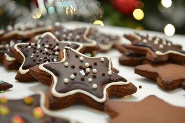 Delicious homemade chocolate starshaped cookies decorated with white icing and colorful sprinkles, perfect for holiday celebrations