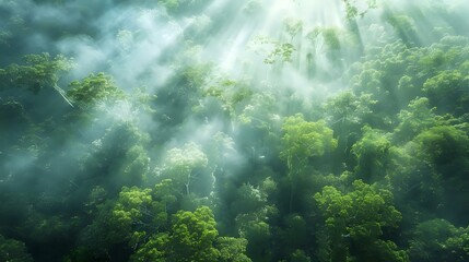 Obraz premium Lush forest canopy with mist rising in the early morning, sunlight filtering through the trees, and white clouds drifting above, creating a mystical atmosphere