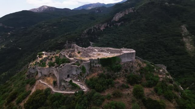 Aerial video over Greece. Peloponnese. Sparta. Mysters Castle.