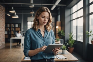 Fototapeta premium Young caucasian woman stands in a modern, casual business office. she is focused on her tablet, surrounded by the creative workspace ambiance.