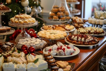 Luxurious and festive holiday dessert spread with a wide variety of homemade christmas sweets, treats, and pastries displayed in a beautifully decorated buffet table