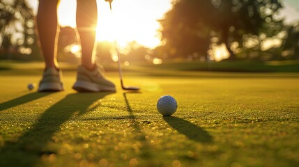 Golfer putting a ball on the green during sunset with lens flare effects creating a serene evening ambiance