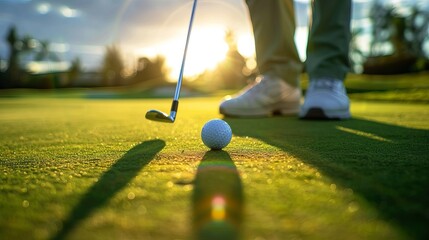 Golfer putting a ball on the green during sunset with lens flare effects creating a serene evening ambiance