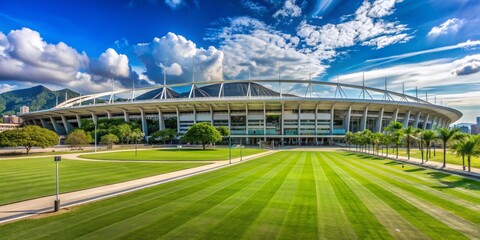 Naklejka premium A Wide Shot of the Modern Stadium, Featuring a Lush Green Lawn and Blue Sky, Stadium, Soccer Field, Sports Arena, Architecture