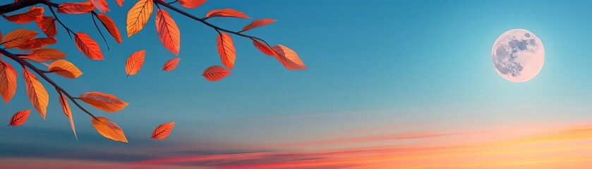 Autumn leaves against a blue sky with a full moon.