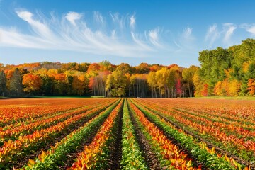 Autumnal field with rows of red and green plants under a blue sky with fluffy clouds.
