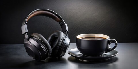 Black Headphones and a Cup of Coffee on a Dark Background, headphones, coffee, dark background, minimalist