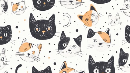 A delightful seamless pattern showcases charming hand drawn cat heads against a white backdrop featuring playful cartoon faces of cute cats and kittens