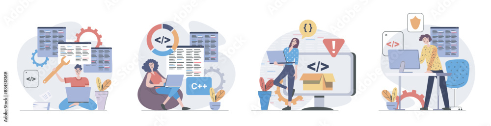 Fototapete Development and programming concept with people scenes set in flat web design. Collection of character situation with programmers working and creating software code on screens. Vector illustrations.