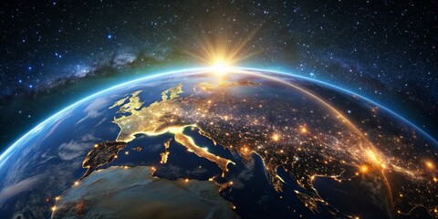 Fototapeta premium Earth's Glow Europe at Night, 3D Render, Satellite View, City Lights, Space, Planet, Nighttime