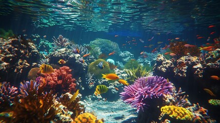 Fototapeta premium A vibrant coral reef teeming with marine life, colorful corals, and fish swimming in the crystal-clear waters of the ocean.