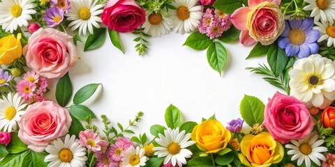 Floral Frame with Roses and Daisies, White Background, Green Leaves, Colorful Arrangement,  Flowers, Nature, Spring