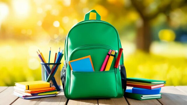 green backpack filled with school supplies, including notebooks, pencils, and pens on a wooden table outdoors. Back to school concept. Copy space template background