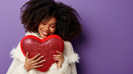 A woman with curly hair smiles as she holds a heart-shaped pillow to her chest