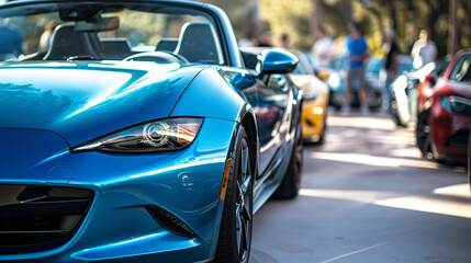 Naklejka premium A shiny blue sports car parked in an outdoor lot, surrounded by other used vehicles, with a dealer agent explaining its features to a potential buyer.