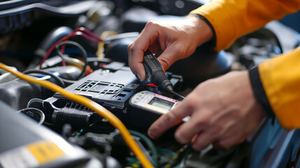 Obraz premium Close-up of a mechanic's hands using a multimeter to measure the voltage of a car battery, with the car's hood open in the background.