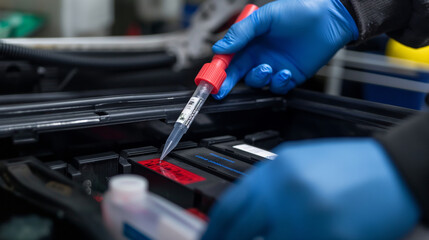 Technician hands using a battery hydrometer to test the electrolyte levels in a car battery, ensuring it is functioning correctly.