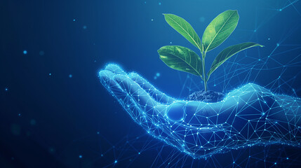 Digital hand created from connected geometric shapes and glowing lines, gently holding a plant symbolizing a sustainable economy, on a blue background.