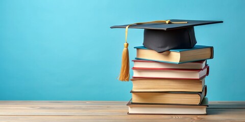 Graduation Cap on Stack of Books, Blue Background, Books, Education, Graduation