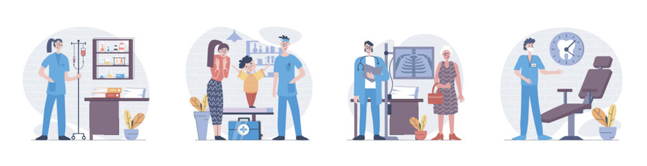 Medicine concept with people scenes set in flat web design. Collection of character situation with nurse caring patients, pediatrician treats kid, dentist service and x-ray. Vector illustrations.