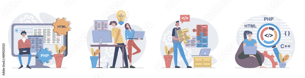 Poster Programmers concept with people scenes set in flat web design. Collection of character situation with developers working with code, creating programs, engineering new software. Vector illustrations.