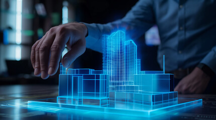Businessman using a blue hologram to demonstrate a contemporary building design, emphasizing real estate investment potential.
