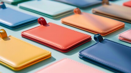 Fototapeta premium Solid colored luggage tags arranged neatly on a minimalist table