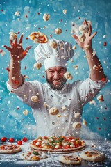 Chef Tosses Dough Amidst Pizza Rain