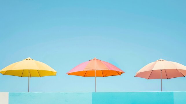 Close up shot of top of solid colored beach umbrellas