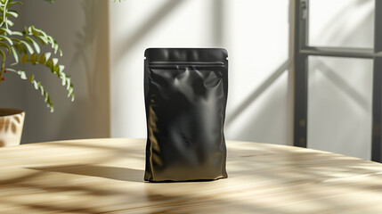 Mock up standing pouch black foil, on a cream wooden table with a clean white background, Ai generated Image