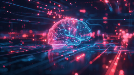 Fototapeta premium A glowing digital brain with interconnected circuits, representing the power of large language model AI in transforming business strategies.