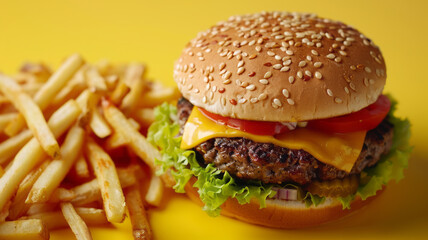 close up birds eye view of a burger and fries on a yellow.generative ai