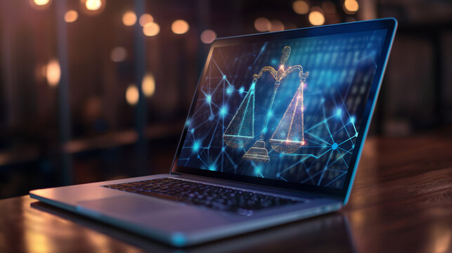 Open laptop with a display of legal scales and regulatory information, representing compliance for online corporate trade licenses.