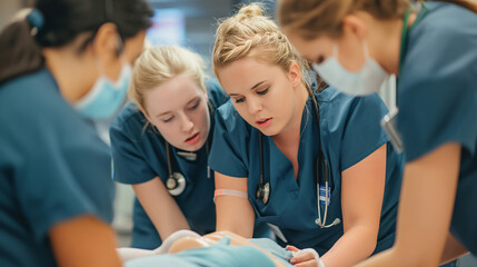 Group of student nurses performing CPR on a training mannequin, highlighting their immersive and practical medical education.