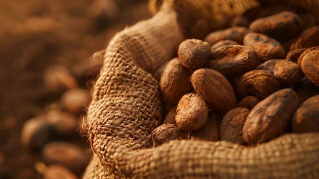 In this closeup shot the rough and bumpy nature of cacao beans is contrasted with the softness of the surrounding materials creating a tactile sensation.