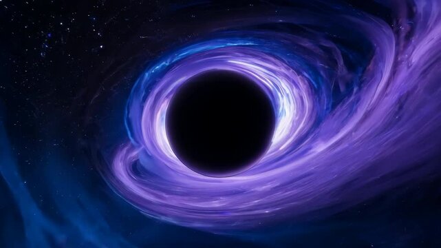 Swirling purple and blue black hole with light bending around its event horizon in the vast cosmos.