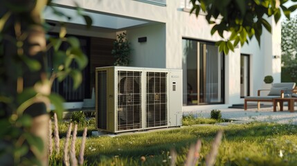 Illustration of an airtoair heat pump designed for cooling or heating a home powered by renewable energy and featuring an outdoor unit