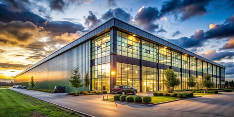 Obraz premium Modern Office Building with Sunset Reflections, architecture , office , commercial , building