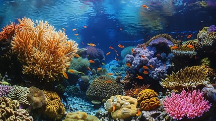 Obraz premium A vibrant coral reef teeming with marine life, colorful corals, and fish swimming in the crystal-clear waters of the ocean.