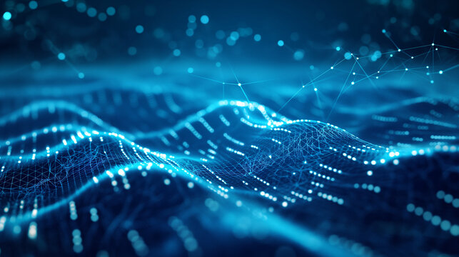 Digital waves flowing across a blue tech backdrop, interwoven with a network of artificial neural connections, representing advanced quantum computing.