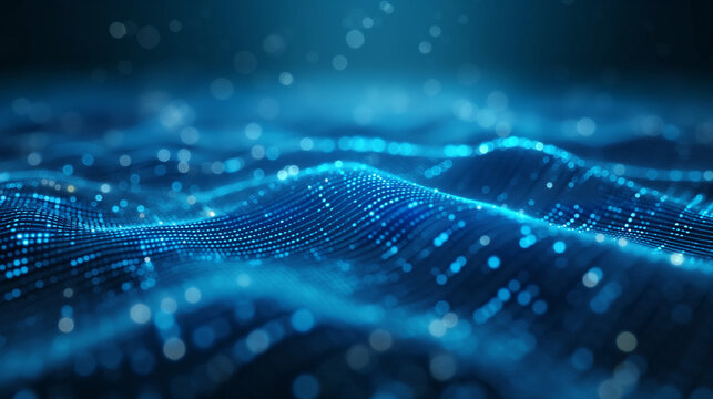 Blue tech background with digital waves and a network of artificial neural connections, highlighting the advancements in quantum computing.